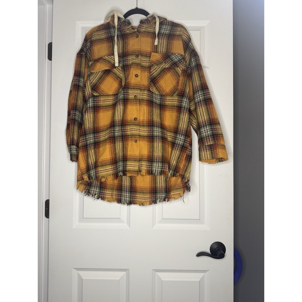 New In Hooded Plaid Oversized Shacket Small Mustard Green Black Cream Fray Hem